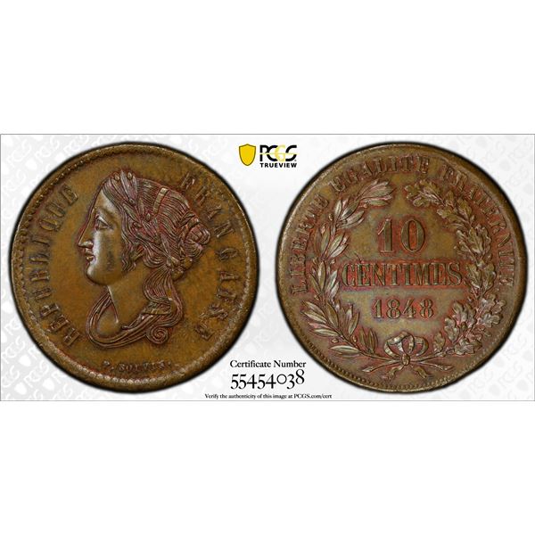 FRANCE: Second Republic, AE 10 centimes, 1848, PCGS Specimen 63 BN