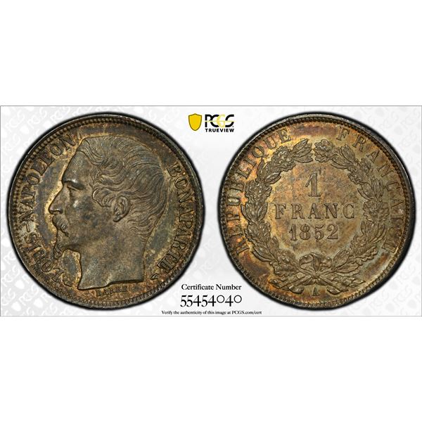 FRANCE: Second Republic, AR franc, 1852-A, PCGS MS62