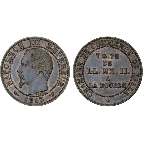 FRANCE: Napoleon III, 1852-1870, AE 5 centimes, Lille, 1853, Unc