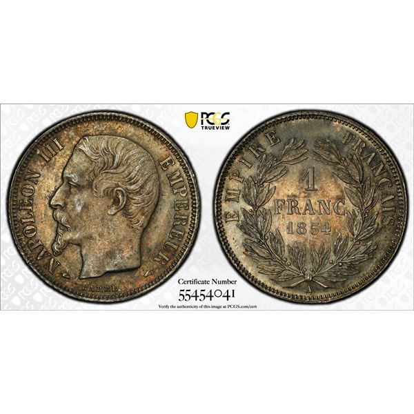 FRANCE: Napoleon III, 1852-1870, AR franc, 1854-A, PCGS MS64
