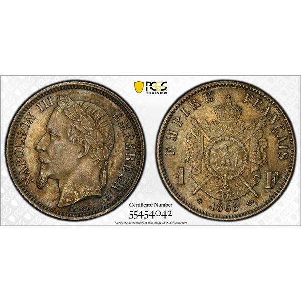 FRANCE: Napoleon III, 1852-1870, AR franc, 1868-A, PCGS MS63