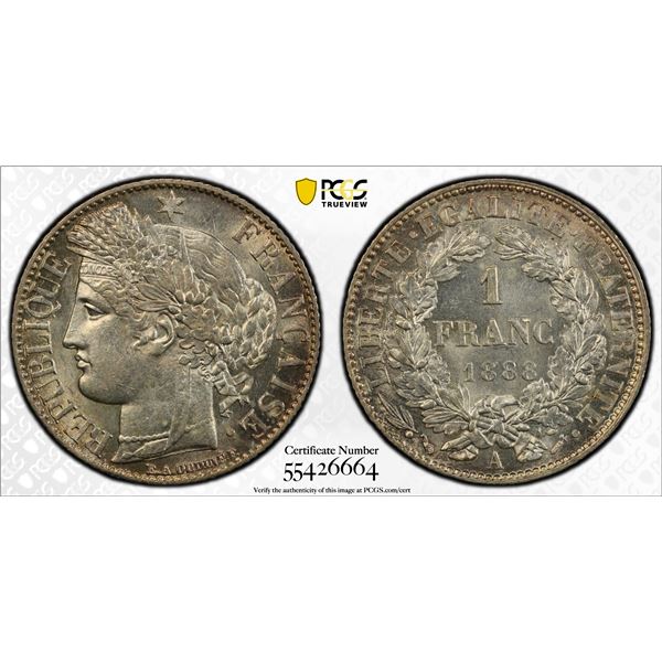FRANCE: Third Republic, AR franc, 1888-A, PCGS MS63
