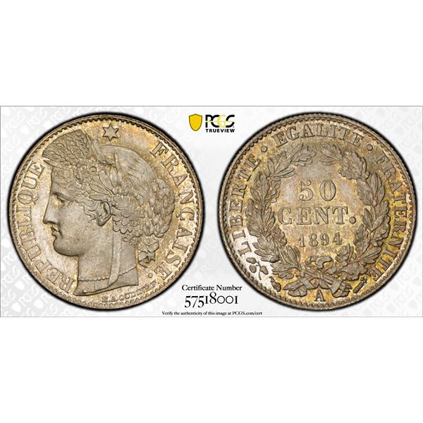 FRANCE: Republic, AR 50 centimes, 1894-A, PCGS MS65