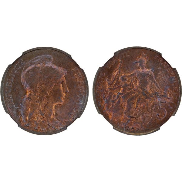 FRANCE: Republic, AE 5 centimes, 1907, NGC MS65 RB