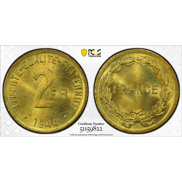 FRANCE: Provisional Government of the French Republic, brass 2 francs, 1944, PCGS MS64
