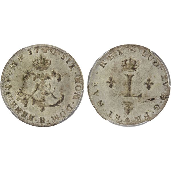 FRENCH COLONIES: Louis XV, 1715-1774, AR 2 sols (sou marqué), Rouen, 1740-B, PCGS MS63