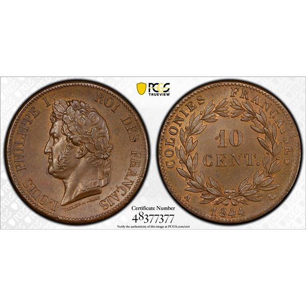 FRENCH COLONIES: Louis Philippe, 1830-1848, AE 10 centimes, 1844-A, PCGS MS63 BN