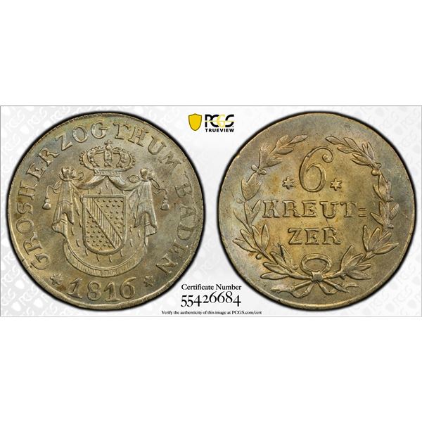 BADEN: Karl II Ludwig Friedrich, 1811-1818, AR 6 kreuzer, 1816, PCGS MS64