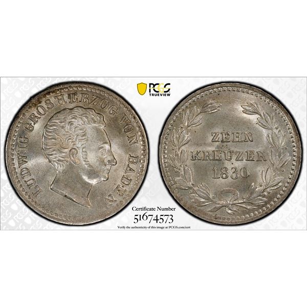 BADEN: Ludwig I, 1818-1830, AR 10 kreuzer, 1830, PCGS MS64