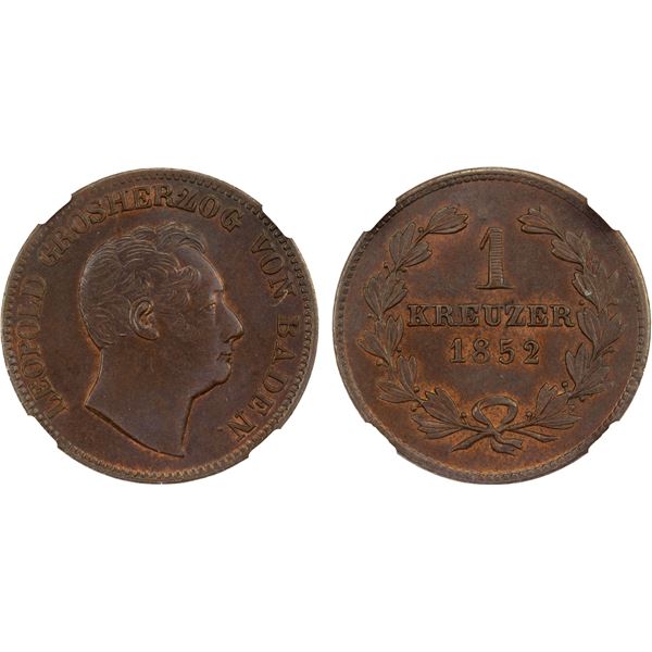 BADEN: Leopold I, 1830-1852, AE kreuzer, 1852, NGC MS65 BN