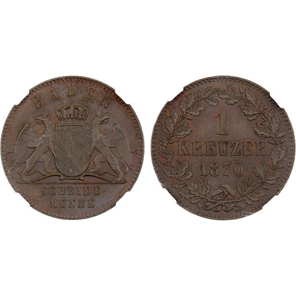 BADEN: Leopold I, 1830-1852, AE kreuzer, 1852, NGC MS65 BN