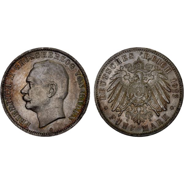 BADEN: Friedrich II, 1907-1918, AR 5 mark, 1913-G, Choice XF