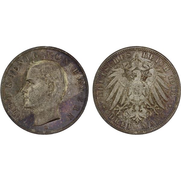 BAVARIA: Otto, 1886-1913, AR 3 mark, 1908-D, NGC MS65