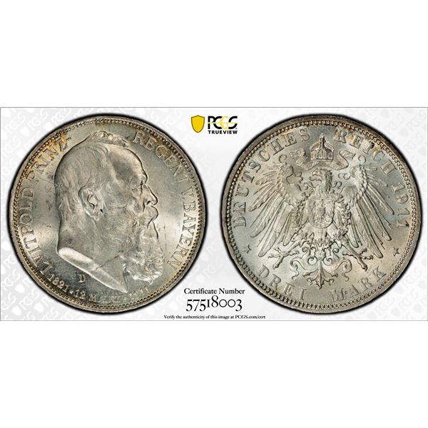 BAVARIA: Otto, 1886-1913, AR 3 mark, Munich, 1911-D, PCGS MS64