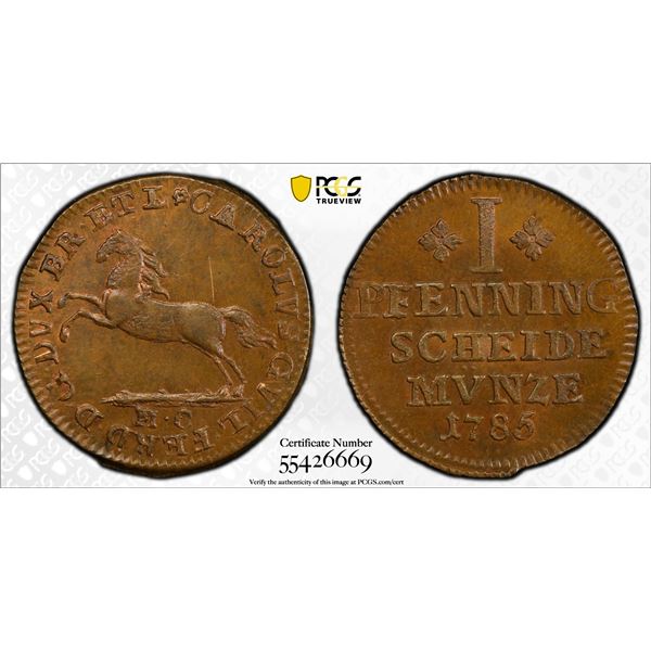 BRUNSWICK-WOLFENBÜTTEL: Karl II Wilhelm Ferdinand, 1780-1806, AE pfennig, 1785, PCGS MS64 BN