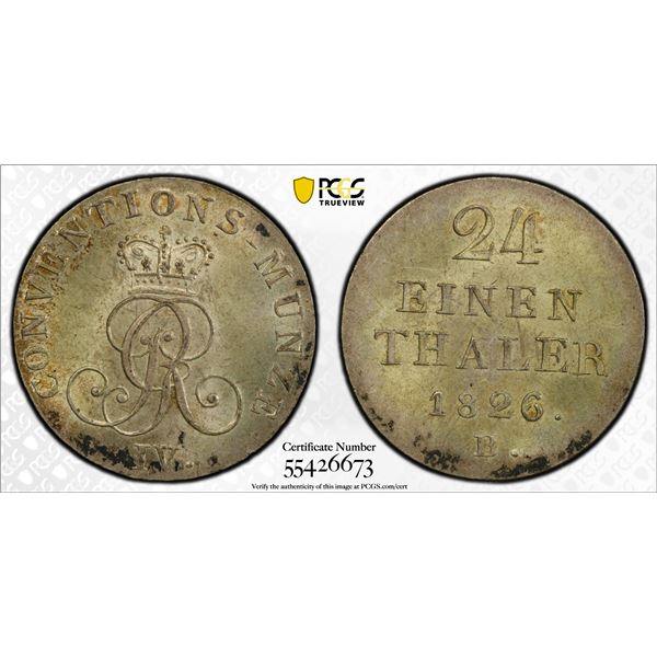 HANOVER: George IV, 1820-1830, AR 1/24 thaler, 1826, PCGS MS64