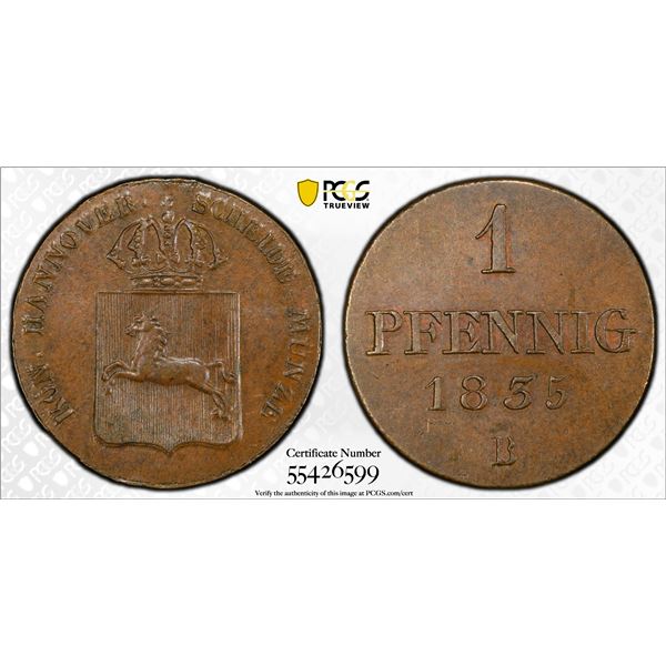 HANOVER: William IV, 1830-1837, AE pfennig, 1835, PCGS MS63 BN