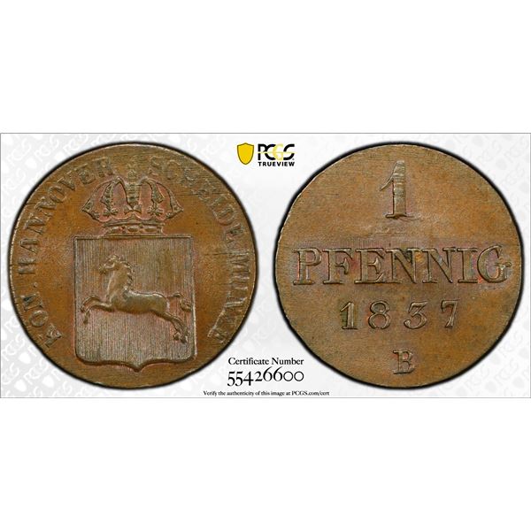 HANOVER: William IV, 1830-1837, AE pfennig, 1837, PCGS MS64 BN