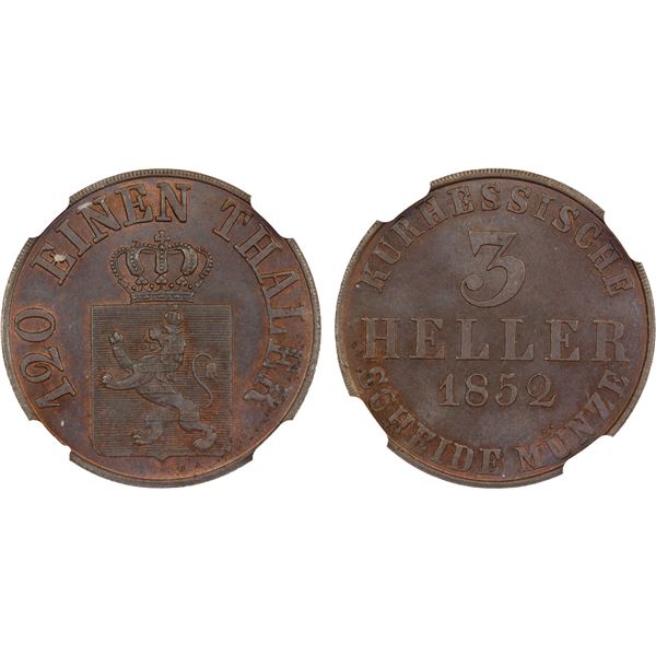HESSE-CASSEL: Friedrich Wilhelm I, 1847-1866, AE 3 heller, 1852, PCGS MS65 BN