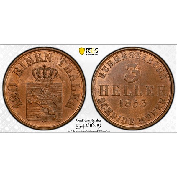 HESSE-CASSEL: Friedrich Wilhelm I, 1847-1866, AE 3 heller, 1853, PCGS MS63 RB