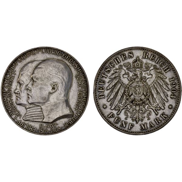 HESSE-DARMSTADT: Ernst Ludwig, 1892-1918, AR 5 mark, 1904, XF