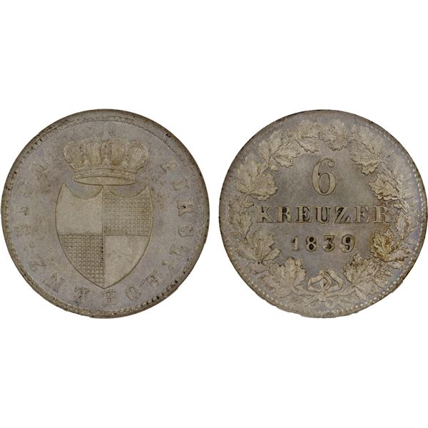 HOHENZOLLERN-SIGMARINGEN: Karl, 1831-1848, AR 6 kreuzer, 1839, NGC MS65