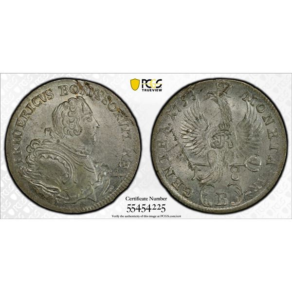 PRUSSIA: Friedrich II, 1740-1786, AR 18 kreuzer, Breslau, 1753-B, PCGS MS62