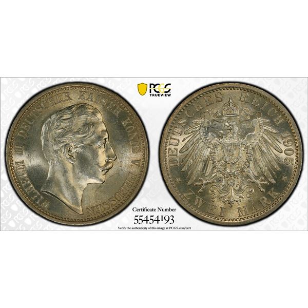 PRUSSIA: Wilhelm II, 1888-1918, AR 2 mark, 1905-A, PCGS MS63