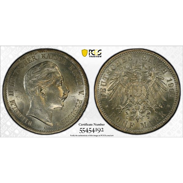 PRUSSIA: Wilhelm II, 1888-1918, AR 5 mark, 1908-A, PCGS MS62