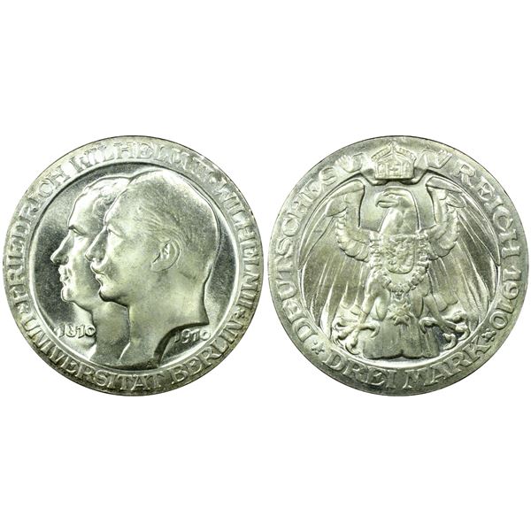 PRUSSIA: Wilhelm II, 1888-1918, AR 3 mark, 1910, PCGS MS65