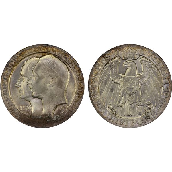 PRUSSIA: Wilhelm II, 1888-1918, AR 3 mark, 1910, NGC MS64