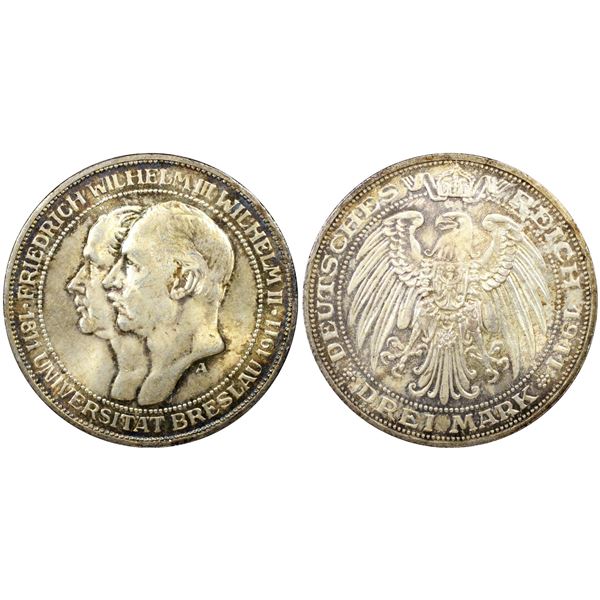 PRUSSIA: Wilhelm II, 1888-1918, AR 3 mark, Berlin, 1911-A, PCGS MS65 +