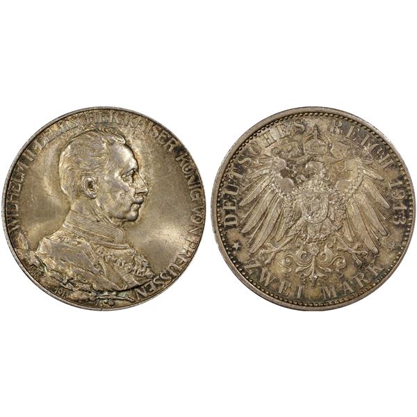 PRUSSIA: Wilhelm II, 1888-1918, AR 2 mark, Berlin, 1913-A, PCGS MS66