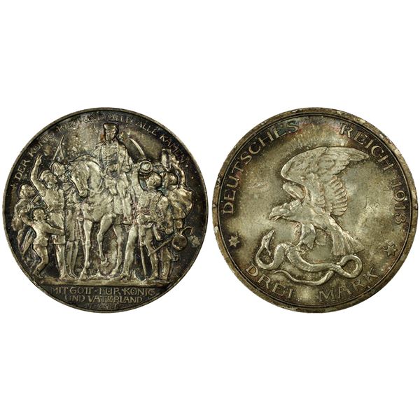 PRUSSIA: Wilhelm II, 1888-1918, AR 3 mark, 1913, PCGS MS65