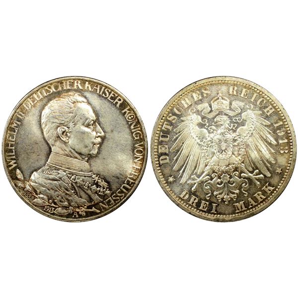 PRUSSIA: Wilhelm II, 1888-1918, AR 3 mark, 1913-A, PCGS MS66