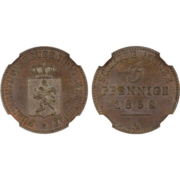 REUSS-SCHLEIZ: Heinrich LXVII, 1854-1867, AE 3 pfennig, 1858-A, NGC MS66 BN
