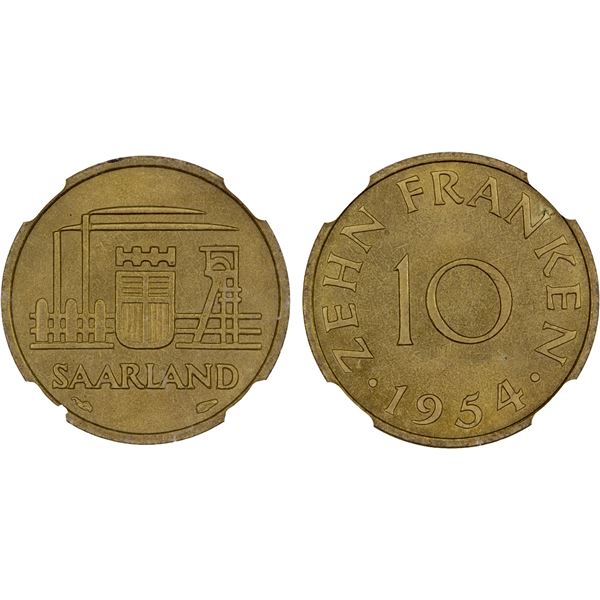 SAARLAND: French Protectorate, 10 franken, 1954, NGC MS66