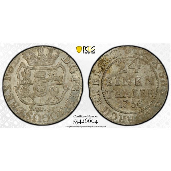 SAXONY: Augustus III, 1734-1763, AR 1/24 thaler, Dresden, 1756, PCGS MS64