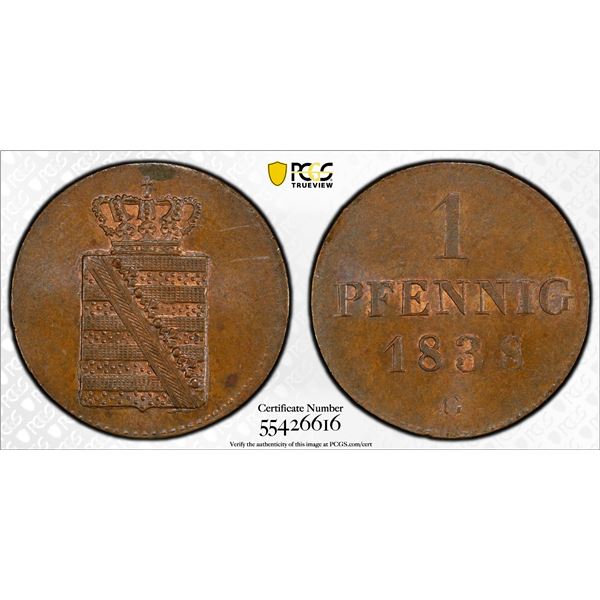 SAXONY: Friedrich August II, 1836-1854, AE pfennig, 1838, PCGS MS64