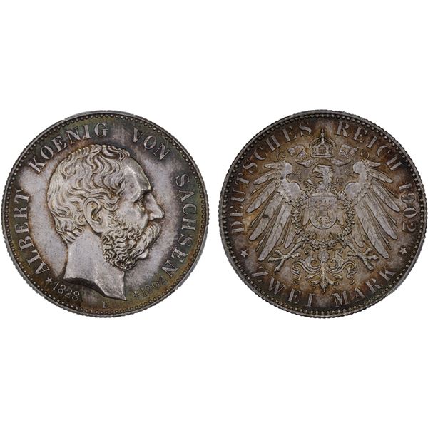 SAXONY: Georg, 1902-1904, AR 2 mark, Muldenhütten, 1902-E, PCGS MS66 +
