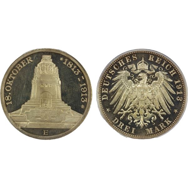 SAXONY: Friedrich August III, 1904-1918, AR 3 mark, Muldenhütten, 1913-E, PCGS Proof 63 DCAM