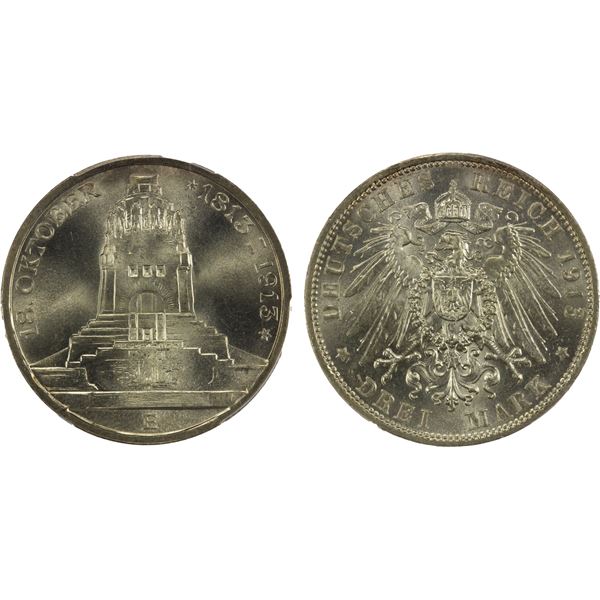 SAXONY: Friedrich August III, 1904-1918, AR 3 mark, Muldenhütten, 1913-E, PCGS MS66