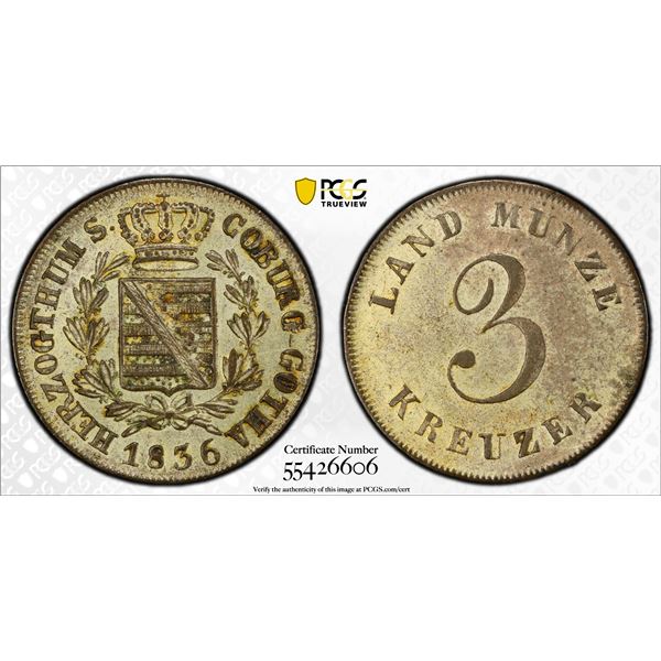 SAXE-COBURG-GOTHA: Ernst I, 1826-1844, BI 3 kreuzer, 1836, PCGS MS62
