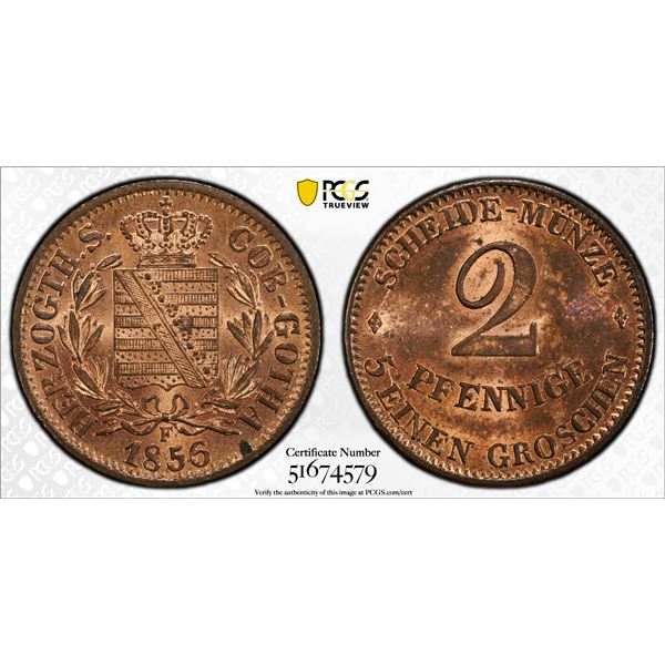 SAXE-COBURG-GOTHA: Ernst II, 1844-1893, AE 2 pfennig, Dresden, 1856, PCGS MS64 RB