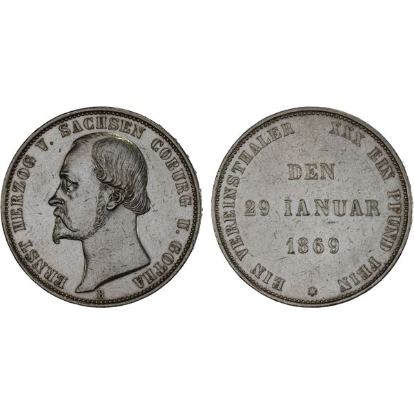 SAXE-COBURG-GOTHA: Ernst II, 1844-1893, AR thaler, 1869-B, XF