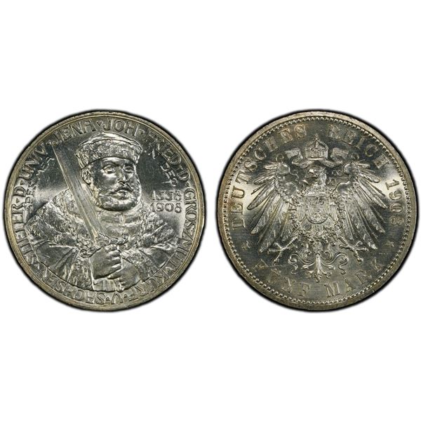 SAXE-WEIMAR-EISENACH: Wilhelm Ernst, 1901-1918, AR 5 mark, 1908, PCGS MS64