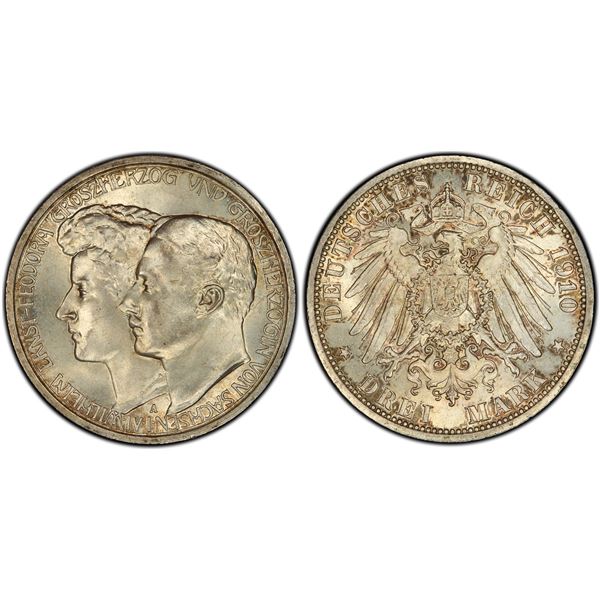 SAXE-WEIMAR-EISENACH: Wilhelm Ernst, 1901-1918, AR 3 mark, 1910-A, PCGS MS65