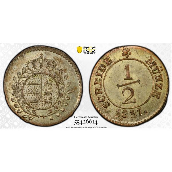WÜRTTEMBERG: Wilhelm I, 1816-1864, AR 1/2 kreuzer, 1837, PCGS MS64