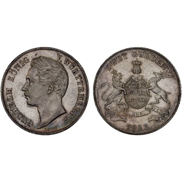 WÜRTTEMBERG: Wilhelm I, 1816-1864, AR 2 gulden, 1853, XF-AU