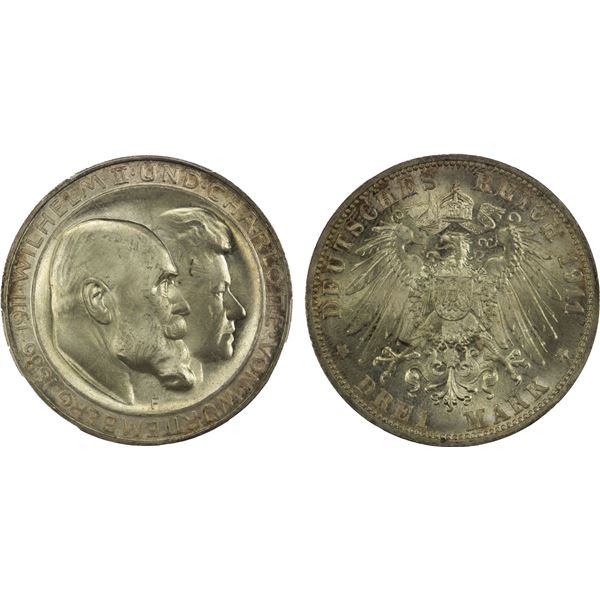 WÜRTTEMBERG: Wilhelm II, 1891-1918, AR 3 mark, Freudenstadt, 1911-F, PCGS MS66 +